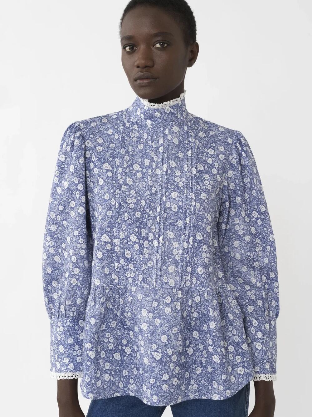NWT See By Chloe Blue White Floral Print High Neck Blouse Womens 36 US 4 Modest